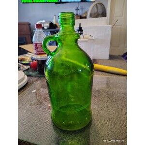 Vintage Green Glass Jug Bottle w Handle Embossed 1605 Threaded Top - 33A